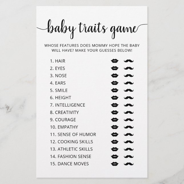 Baby traits game Baby Shower party Game card (Voorkant)