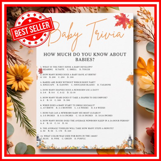 BABY TRIVIA & ANTWOORDEN Baby shower Spel Schattig Kaart