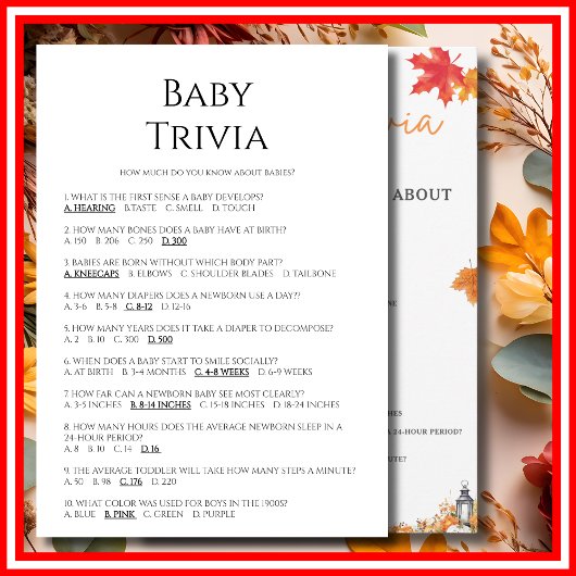 BABY TRIVIA & ANTWOORDEN Baby shower Spel Schattig Kaart