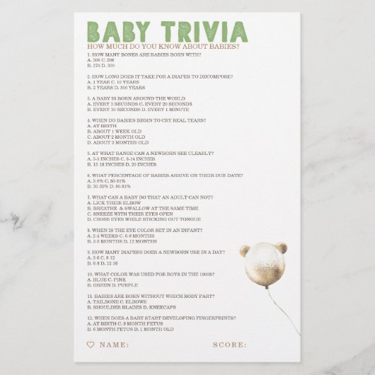 Baby Trivia Baby shower Game (Voorkant)