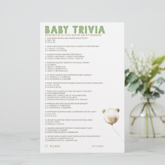 Baby Trivia Baby shower Game (Staand voorkant)