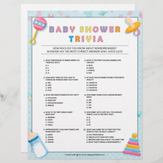 Baby Trivia Baby shower Games [Basics Blue] Briefhoofd (Voorkant / Achterkant)