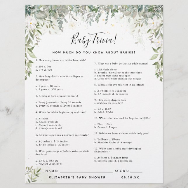 Baby Trivia | Baby Shower Spel (Voorkant)