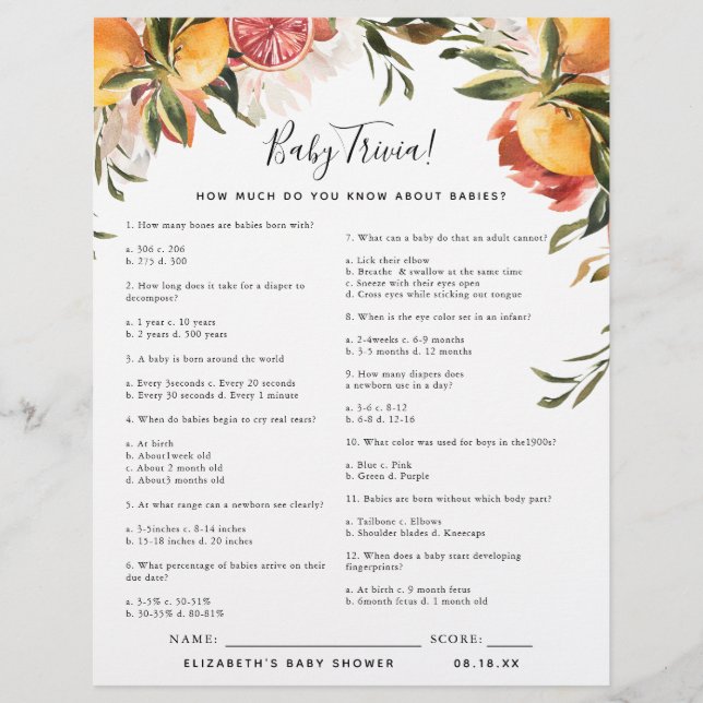 Baby Trivia | Baby Shower Spel (Voorkant)