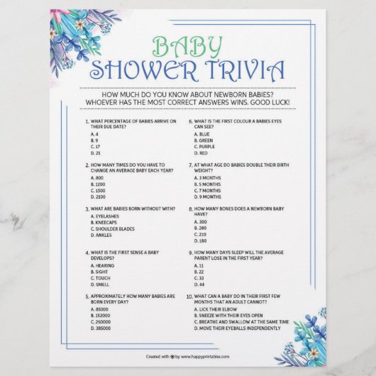 Baby Trivia [Blauwe Floral] Briefhoofd (Voorkant)
