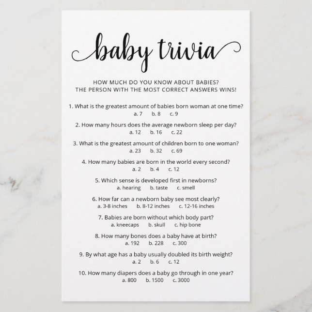 Baby Trivia Game met Answers Baby shower party (Voorkant)