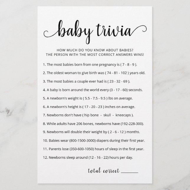 Baby Trivia Game met Answers Baby shower party (Voorkant)