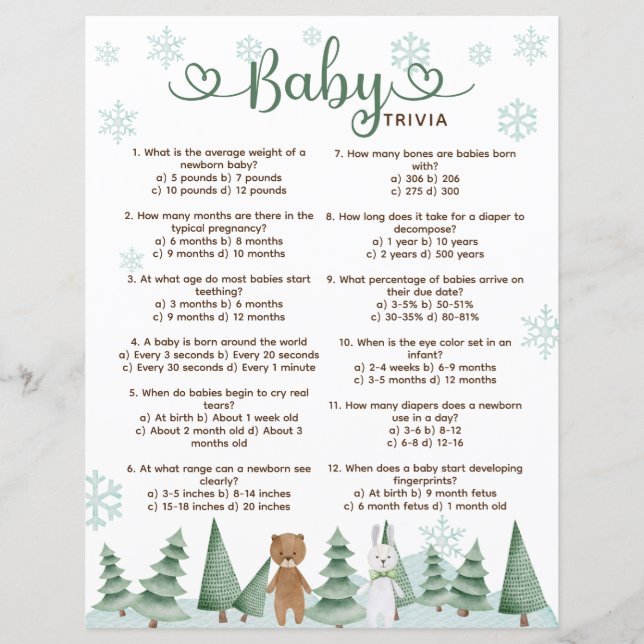 Baby Trivia Schattige Winter Bossen Thema Spel (Voorkant)