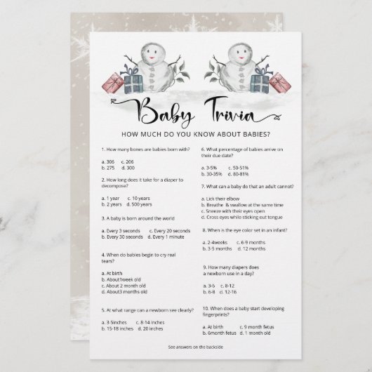 Baby Trivia Snowman-Baby shower (Voorkant / Achterkant)