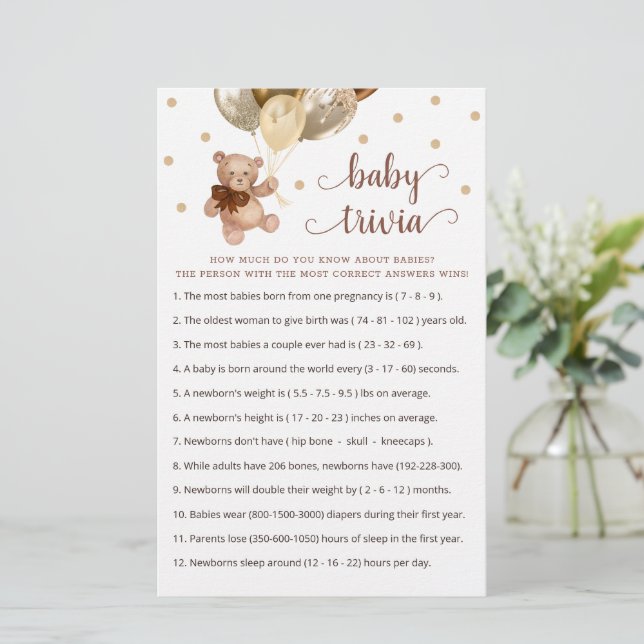 Baby Trivia Spel Baby Shower Teddy Beer  (Staand voorkant)