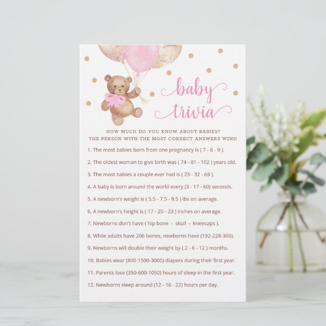 Baby Trivia Spel Baby Shower Teddybeer (Staand voorkant)