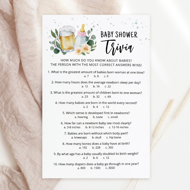 Baby Trivia Spel Groene Baby Brouwt Roze (Beer and Floral Baby is Brewing Baby Shower Trivia Game Card)