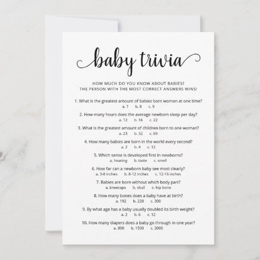 Baby Trivia Spel met Antwoorden Baby shower Kaart (Voorkant)