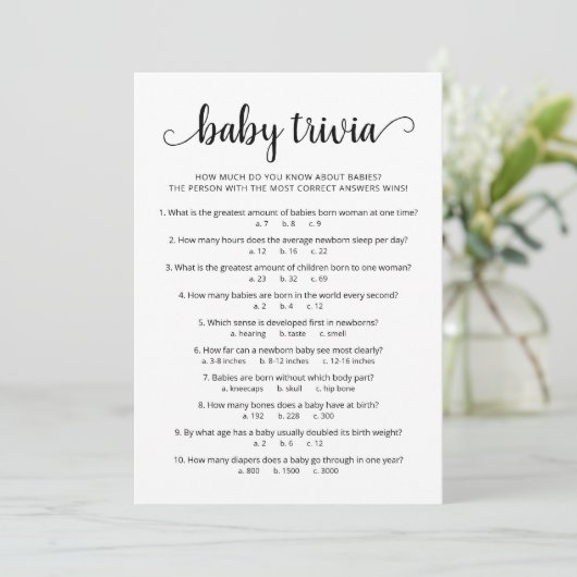 Baby Trivia Spel met Antwoorden Baby shower Kaart (Staand voorkant)