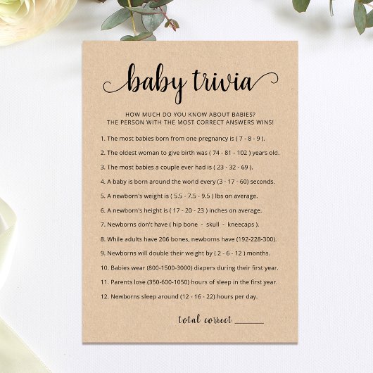 Baby Trivia Spel met Antwoorden Baby shower Kaart
