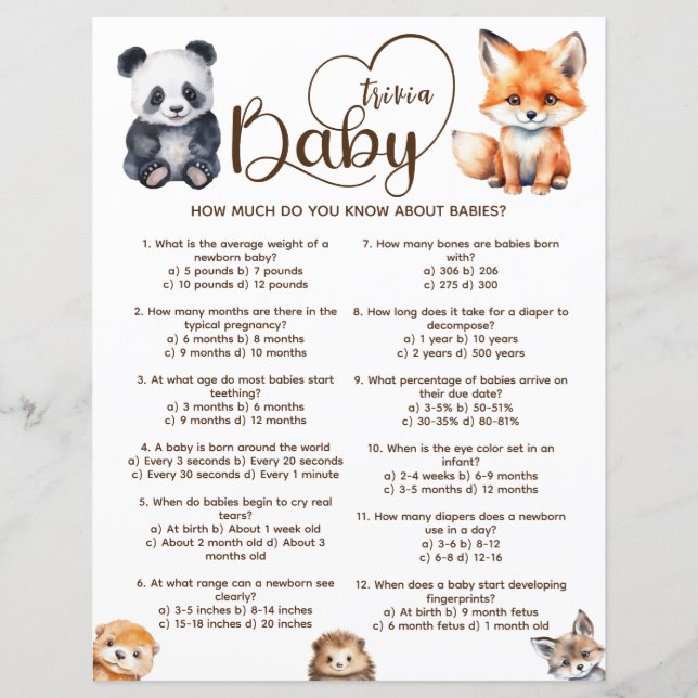 Baby Trivia Woodland Animals Baby shower Spel (Voorkant)