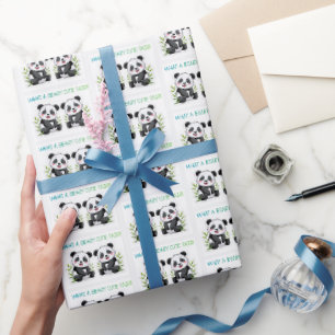 Baby Tweeling Panda Beer Cadeauverpakking, Tweelin Cadeaupapier