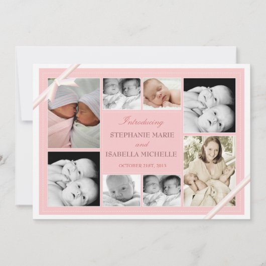 Baby Twin Baby Photo Collage | Roze Aankondiging (Voorkant)