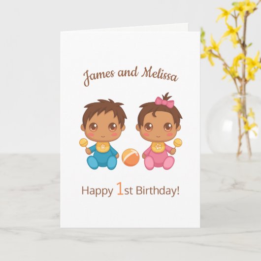 Baby Twins Boy Girl First Birthday Blank Card Kaart (Gele Bloem)