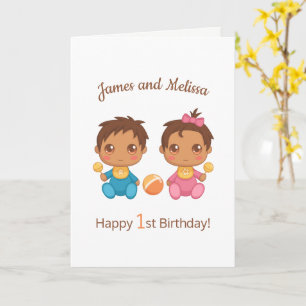 Baby Twins Boy Girl First Birthday Blank Card Kaart