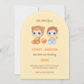 Baby Twins Eerste Verjaardag Jongen Beer Geel Kaart (Voorkant)