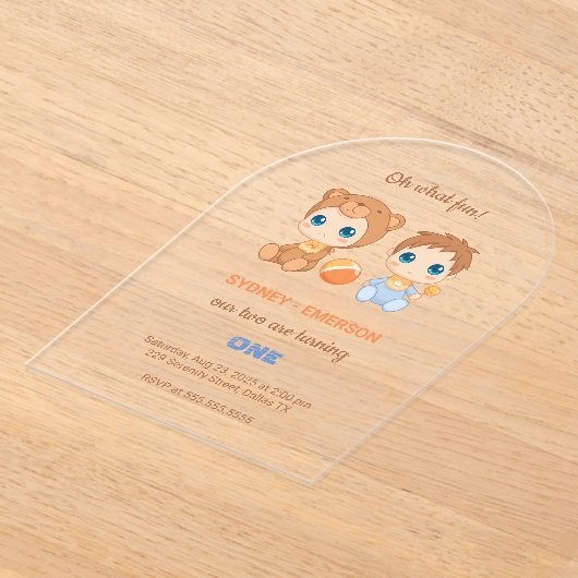Baby Twins Eerste Verjaardag Jongen Beer Transpara Acryl Uitnodigingen (Laagn)