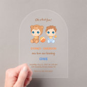Baby Twins Eerste Verjaardag Jongen Beer Transpara Acryl Uitnodigingen (Insitu (Draagbaar))
