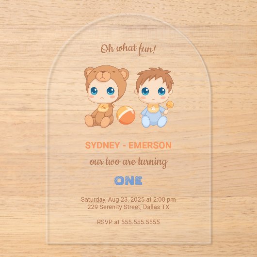 Baby Twins Eerste Verjaardag Jongen Beer Transpara Acryl Uitnodigingen (Voorkant)