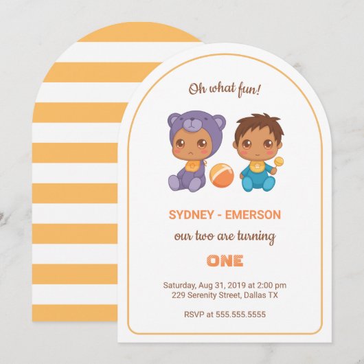 Baby Twins Eerste Verjaardag Jongen Paarse Beer 2 Kaart (Voorkant / Achterkant)