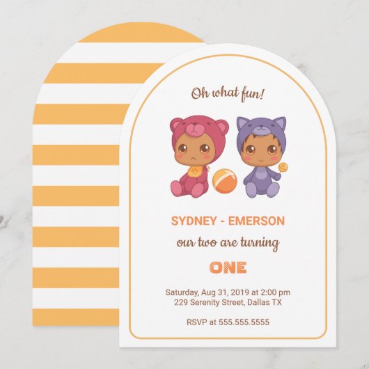Baby Twins Eerste Verjaardag Kat Beer Jumpsuit Kaart (Voorkant / Achterkant)
