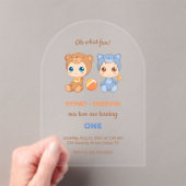 Baby Twins Eerste Verjaardag Kat Beer Transparant Acryl Uitnodigingen (Insitu (Draagbaar))
