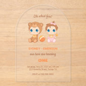 Baby Twins Eerste Verjaardag Meisje Beer Transpara Acryl Uitnodigingen (Voorkant)