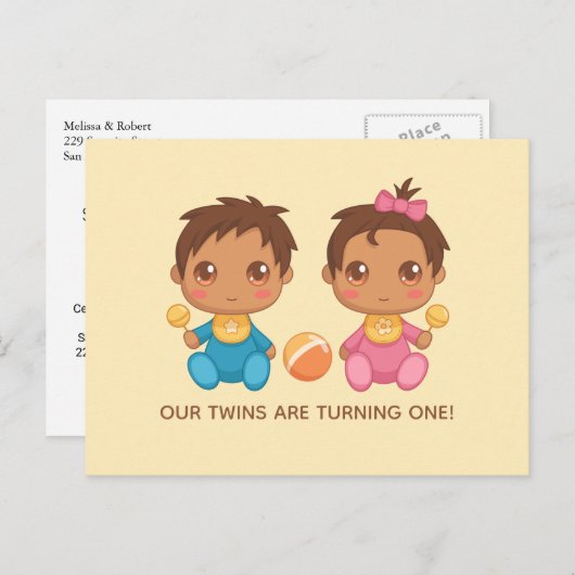 Baby Twins First Birthday Boy Girl Uitnodiging 2 (Voorkant / Achterkant)