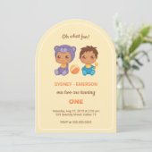 Baby Twins First Birthday Boy Paars Beer Yellow I Kaart (Staand voorkant)