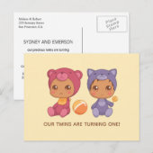 Baby Twins First Birthday Cat Beer Invitation 2 Briefkaart (Voorkant / Achterkant)