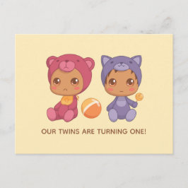 Baby Twins First Birthday Cat Beer Invitation 2 Briefkaart