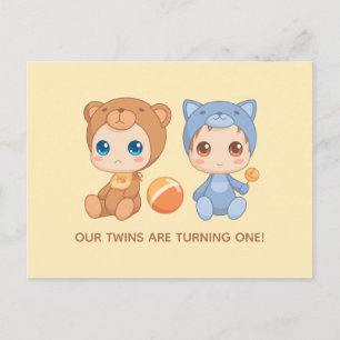 Baby Twins First Birthday Cat Beer Invitation 2 Briefkaart