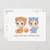 Baby Twins First Birthday Cat Beer Invitation Briefkaart (Voorkant / Achterkant)