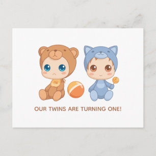 Baby Twins First Birthday Cat Beer Invitation Briefkaart
