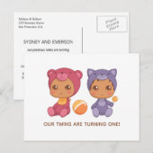 Baby Twins First Birthday Cat Beer Invitation Briefkaart (Voorkant / Achterkant)