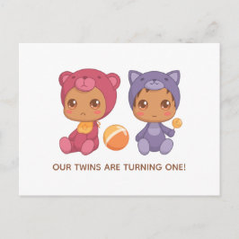 Baby Twins First Birthday Cat Beer Invitation Briefkaart
