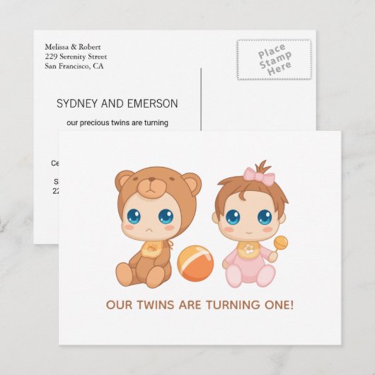 Baby Twins First Birthday Girl Beer Invitation Briefkaart (Voorkant / Achterkant)
