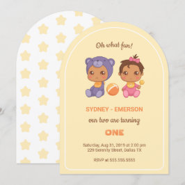 Baby Twins First Birthday Girl Beer Yellow 1 Invit Kaart