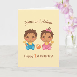 Baby Twins Jongen Meisje Eerste Verjaardag Geel Bl Kaart