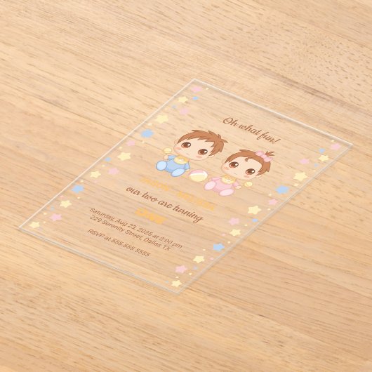 Baby Twins Jongen Meisje Eerste Verjaardag Transpa Acryl Uitnodigingen (Laagn)