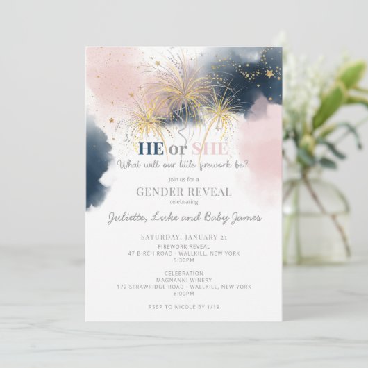 Baby U bent een Vuurwerk Genderfeest Uitnodiging (Staand voorkant)
