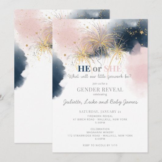 Baby U bent een Vuurwerk Genderfeest Uitnodiging (Voorkant / Achterkant)