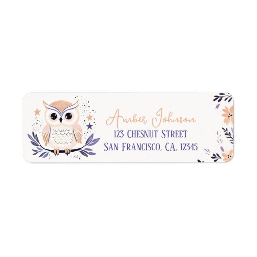 Baby Uil Boho Perzik Lavendel Floral Design - Etiket (Voorkant)