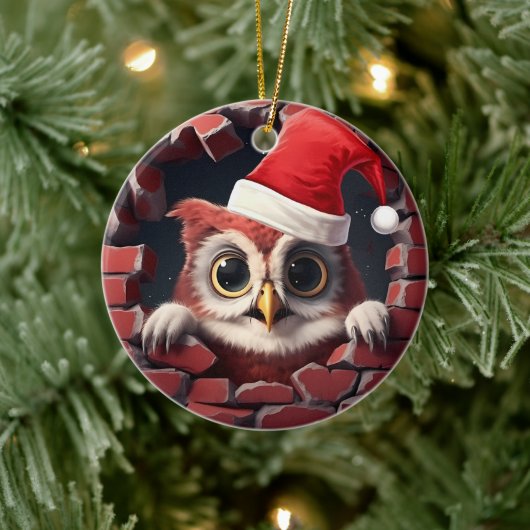 Baby Uil in Santa Hat - 3D Keramisch Ornament (Boom)