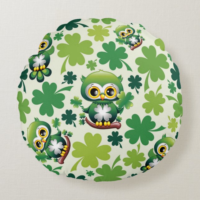 Baby Uil Schattig St Patrick Cartoon Rond Kussen (Voorkant)